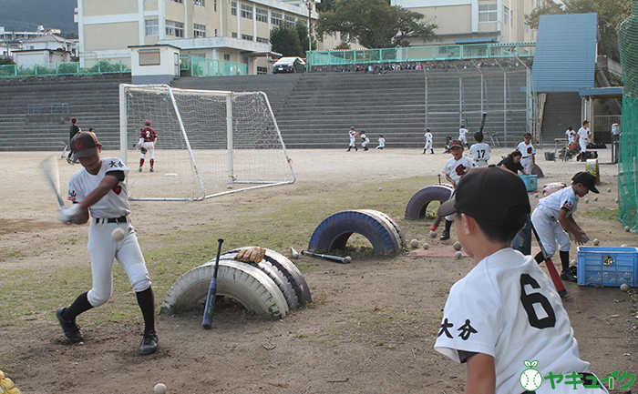 バッティング練習に取り組む別府大平山少年野球部の選手