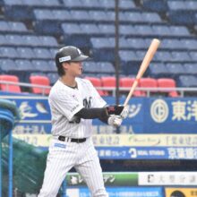 ライブBPで打席に立ったロッテ・石川慎吾（撮影＝岩下雄太）